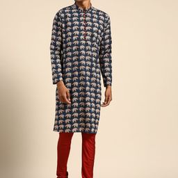 KISAH Men Navy Blue Ethnic Motifs Printed Kurta with Churidar-picture-12