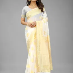 Silk Land White & Golden Woven Saree With Unstitched Blouse image 1