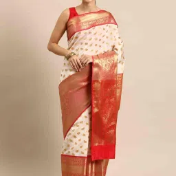 Silk Land White & Red Woven Saree With Unstitched Blouse image 1
