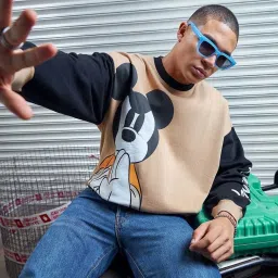 Bewakoof Men's Black & Brown Mickey Punch Graphic Printed Oversized Sweatshirt image 1