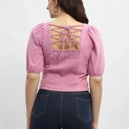 MADAME Pink Cotton Self Design Crop Top image 2