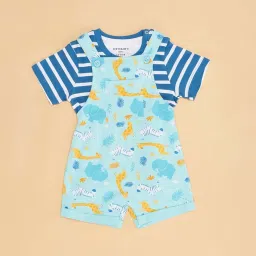 Pantaloons Baby Blue Cotton Printed Dungaree Set image 2