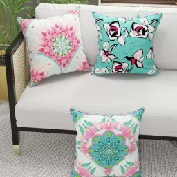 Bianca Suzane Coral & Teal Micro Fiber Reversible Printed Cushion Covers - Set of 3 image 1