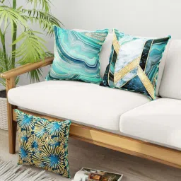Bianca Suzane Teal & Gold Micro Fiber Reversible Printed Cushion Covers - Set of 3 image 1