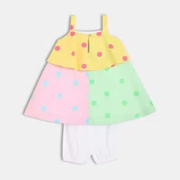 MINIKLUB Girls Yellow & Pink Cotton Sleeveless Polka Dots Printed Dress With Bloomer image 2