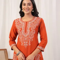 Autumnlane Orange Cyra Apricot Embroidered Regular Fit Short Kurti image 1
