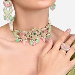 Zaveri Pearls Pink Green Crescent Stones Kundan Choker Necklace Earring Ring Set-ZPFK15908-picture-44