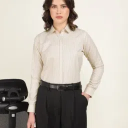 English Navy Beige Cotton Striped Shirt-image-78