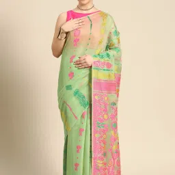 Silk Land Green Pure Cotton Woven Saree With Unstitched Blouse image 1