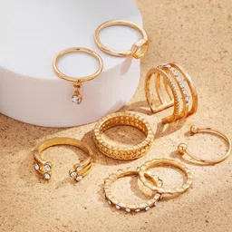 DressBerry Set Of 8 Gold-Plated Crystals Stone-Studded Adjustable Finger Rings-image-0