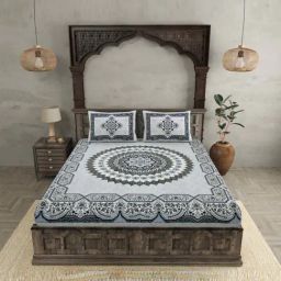 JaipurFabric Grey & Black 240 TC 100% Cotton Flowery Mat Double Bedsheet with 2 Pillow Covers-picture-32