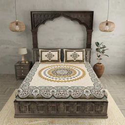 JaipurFabric Green & Yellow 240 TC 100% Cotton Flowery Mat Double Bedsheet with 2 Pillow Covers-picture-48