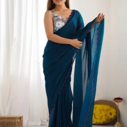 Saree Mall Teal blue Satin Embroidery Saree with Blouse Piece-picture-31