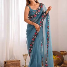 Saree Mall Blue Organza Embroidery Saree with Blouse Piece-picture-47
