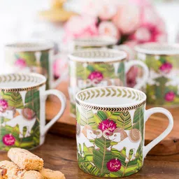 GOODHOMES Green & White Set of 6 Printed Bone China Cup Set-image-28
