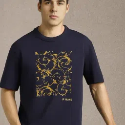 Louis Philippe Navy Cotton Relaxed Fit Graphic T-Shirt-image-37