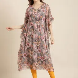 SHOWOFF Grey Floral Print Kaftan Kurta With Detachable Inner-image-6