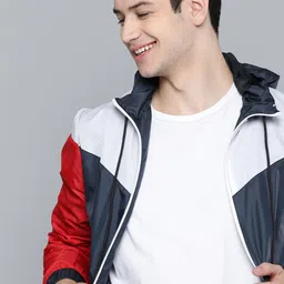 Mast & Harbour Men Navy Blue and White Colourblocked Lightweight Jacket image 1