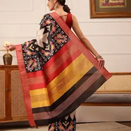 Silk Land Beige Ikkat Ready To Wear Saree with Unstitched Blouse image 2