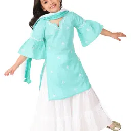 Fabindia Kids Light Blue & White Embroidered Kurta, Sharara with Dupatta-image-25