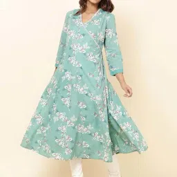 Fabindia Turquoise Cotton Floral Print Angrakha Kurta-picture-25