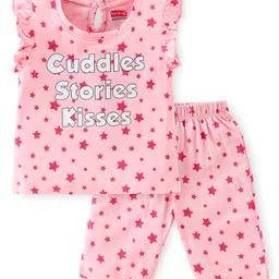 Babyhug Cotton Knit Single Jersey Half Sleeves Capri Night Suit With Star Print - Pink-picture-32