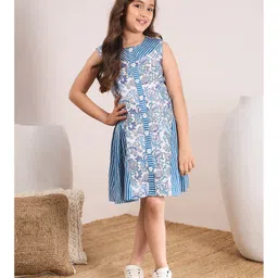 Pspeaches Sleeveless Floral Printed Cotton A Line Dress - Blue-picture-23