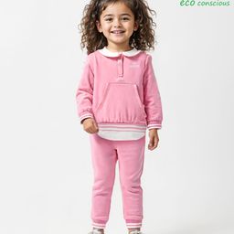 Babyoye 100% Cotton Brushed Fleece Knit Full Sleeves Peter Pan Collared Winter Wear Suit With Kangaroo Pocket & Text Print - Pink-picture-30