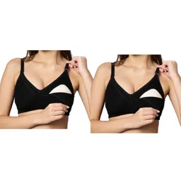 TUMMY Bamboo Cotton Pack of 2 Solid Nursing Feeding Thin Padded Bras - Black & Grey-picture-25