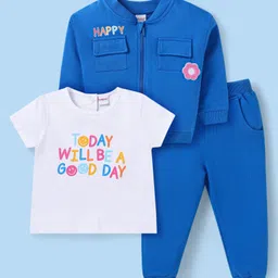 Babyhug Terry Knit Full Sleeves Front Open Floral Embroidered Sweatshirt & Lounge Pant Set with Text Printed T-Shirt -Blue & White-picture-35