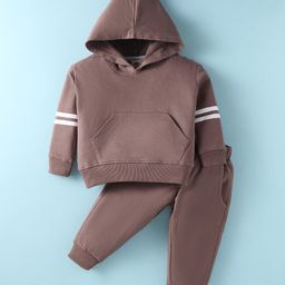Zero Cotton Knit Full Sleeves Winter Wear Hooded Sweatshirt & Lounge Pant Set with Kangaroo Pockets - Brown-picture-49