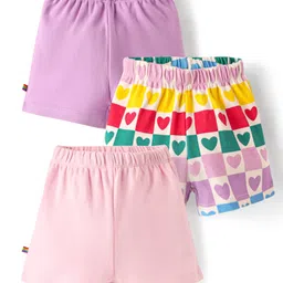 Bonfino 100% Knit Cotton Solid Colour & Heart Printed Shorts Pack Of 3 - Ivory, Lilac, Pink-picture-33