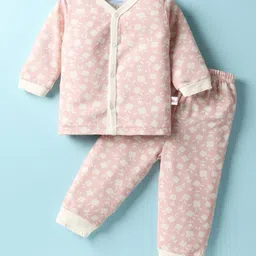 BUMZEE Cotton Knit Full Sleeves Front Open Floral Printed Co-Ords Night Suit - Pink image 1