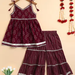 The Magic Wand Cotton Woven Sleeveless Floral Motifs Printed Gota Lace Embellished Kurti Sharara Set - Violet-picture-14