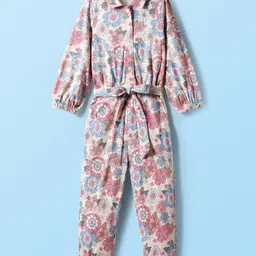 CrayonFlakes Cotton Knit Full Sleeves Floral Printed Belted Jumpsuit - Off White-picture-27
