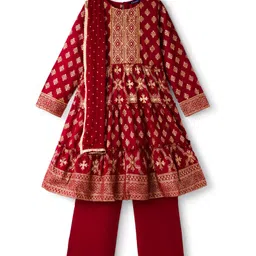 Pine Kids Woven Full Sleeves Kurta Salwar Set With Floral Foil Print & Dupatta - Maroon-picture-17