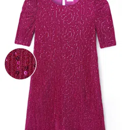 Hola Bonita Knit Half Puff Sleeves Glitter & Sequined A Line Party Frock - Dark Pink image 2