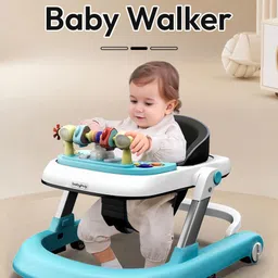 Babyhug 2 in 1 Baby Walker with Anti Fall Protection & Adjustable Height-Blue| Push Walker| Rear Wheels with Speed Control| Soft Padded Seat| Smooth Swivel Wheels| Musical Toy Tray with Engaging Toys image 2