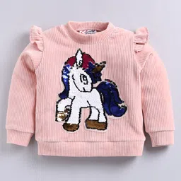 M'andy Velvet Full Sleeves Sequins Embellished Unicorn Designed Sweatshirt With Joggers Set - Peach image 4
