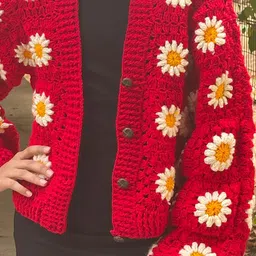 Woonie Handknitted Full Sleeves Floral Designed Cardigan - Red image 4