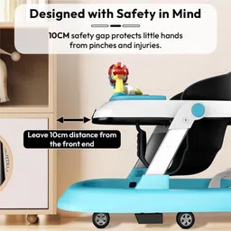 Babyhug 2 in 1 Baby Walker with Anti Fall Protection & Adjustable Height-Blue| Push Walker| Rear Wheels with Speed Control| Soft Padded Seat| Smooth Swivel Wheels| Musical Toy Tray with Engaging Toys image 3