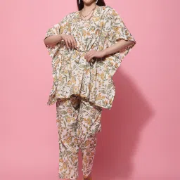 TAG 7 Yellow & White Cotton Floral Print Kaftan Pants Set image 1