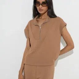 LOV by Westside Brown Solid Quarter Zip Top-picture-31
