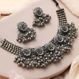 Aatmana Silver-Plated Flower Motif Oxidized Necklace Set image 1