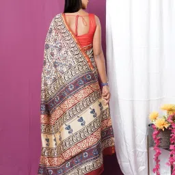 Unnati Silks Cream & Blue Printed Saree With Unstitched Blouse image 2