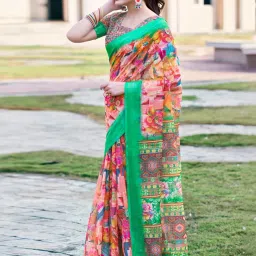 Satrani Pink & Green Floral Print Saree With Unstitched Blouse image 2