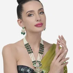 Zaveri Pearls Green Pink Meenakari Multistrand Beaded Long Kundan Necklace & Earring Set-ZPFK15649 image 1