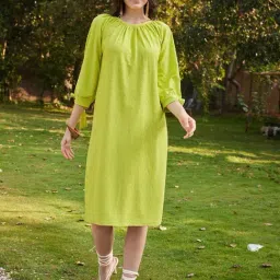 PURVAJA Lime Green Knitted Relaxed Fit Midi Dress-image-83