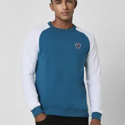 Peter England University Blue & White Slim Fit Colour Block Sweatshirt image 1