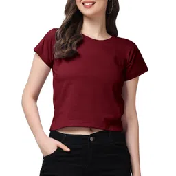 NOTWILD Women Solid Round Neck Cotton Boxy T-shirt-image-37
